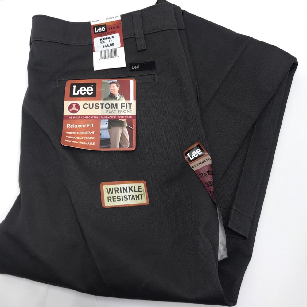 NWT Lee Custom Fit Gray Flat Front Pants 33 X 32